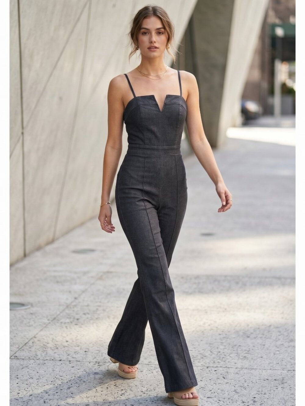 NWOT | Black Denim High-Rise Wide Leg Jumpsuit Back Zipper Small
